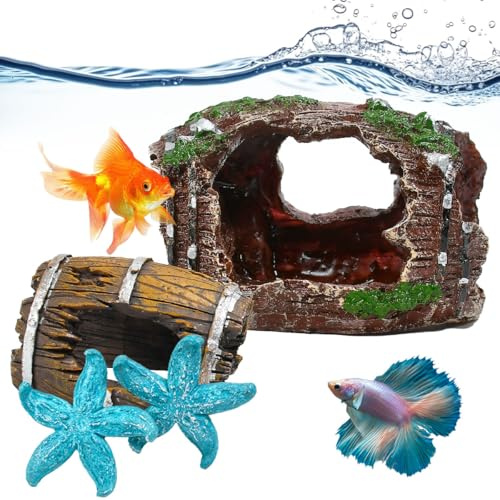 Vunanvu Lot De 2 Grottes Décoratives pour Aquarium avec 2 Troncs d'arbre Et 2 Étoiles De Mer Cachette De Poisson Simulation De Mousse Accessoire D'aquarium Décoration pour Terrarium