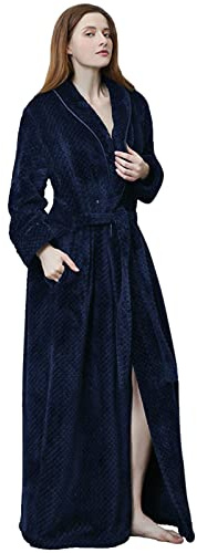 Generisch Accappatoio da donna in peluche con cappuccio, morbido e caldo, lungo vestaglia da donna, vestaglia lunga e soffice, accappatoio da sauna invernale, taglia grande, Blu marino, M
