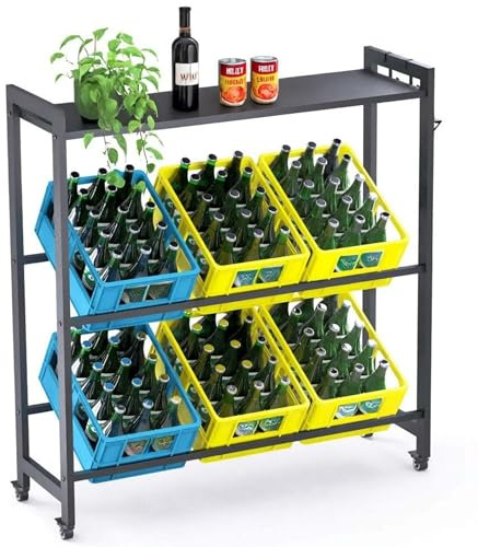 DanDiBo Drinks Crate Rack 6 Crates with Storage Compartments Wheels Hooks Metal Black 96653 Drinks Shelf Crate Rack Drinks Shelf Container