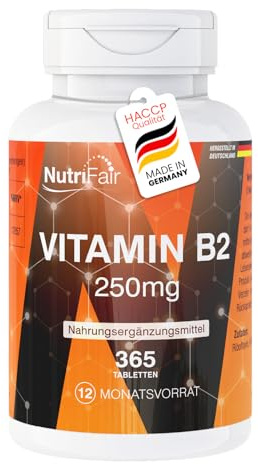 Nutrifair Vitamine B2 250mg, 365 comprimés de 250mg chacun, Riboflavine, Hautement dosé, 100% Vegan, fabrication allemande et testé en laboratoire, Premium et équitable