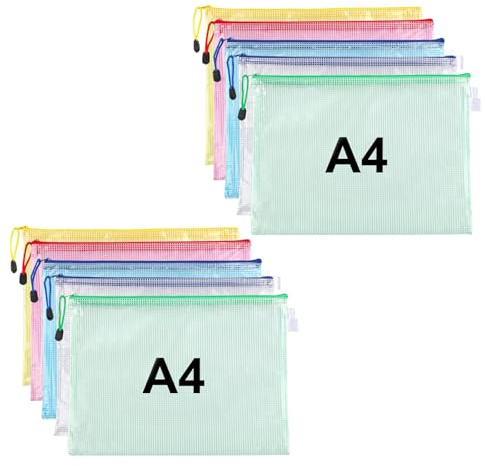 10 Pcs Plastic Wallets, A4 Zip Lock Bags Size,Waterproof Plastic Pockets Zipper Mesh Document Folders Wallet Zipper Bags for Office Homework School Supplies Travel Files Storage Bags (5 Colors)
