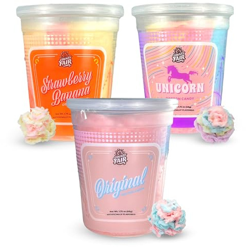 County Fair Cotton Candy Trio Bundle, Tangy Snacks, Ready-to-Eat Unicorn, Original & Strawberry Banana Cotton Candy Treats for Kids/Grown-Ups, Pack of 3 Tubs (1 per Flavor/1.75 oz Ea)