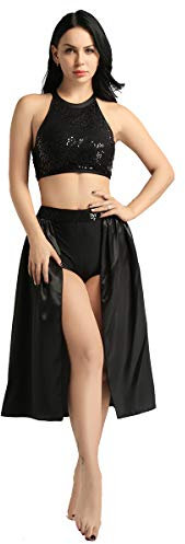 dPois Damen Zweiteiler Tanzanzug Pailletten Neckholder Top Midi Rock Satin mit Schlitz Ballettbekleidung Training Kostüm für Tanz Latein Gymnastik Schwarz X-Large