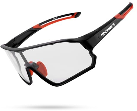 ROCKBROS Occhiali da Sole Fotocromatici Ciclismo Sportivi PC Lenti Trasparenti UV400 Ultraleggero UNISEX (Nero/rosso)