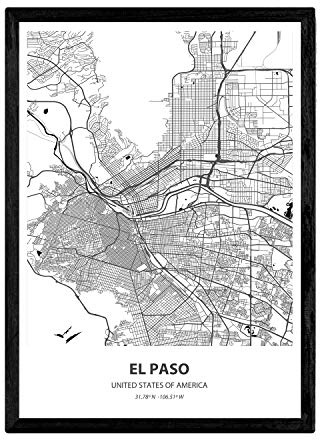 Nacnisk affisch med karta över El Paso - USA. Blad av amerikanska städer med hav och floder i svart färg. A4-storlek