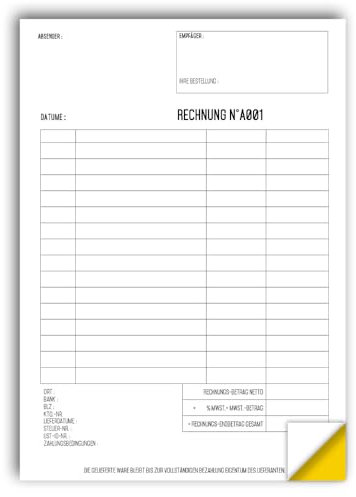 >Personalisierte< Rechnung selbstdurchschreibend mit farbigem Durchschlag, mit Netto- und Bruttobetrag, MwSt. uvm.n weiß/gelb, 50 Blatt - UTTSCHEID (Personalisierte, 1)