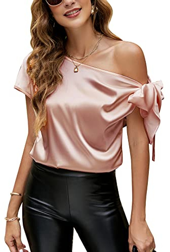 VIDUSSA Satin Chemisiers Blouses Femme Épaule décolletée Chemise Chic Élégante Casual Soie Shirts Tops Hauts