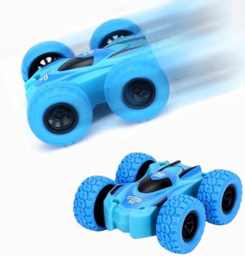 Yeefunjoy Double Sided Blue 360°Tumble Stunt Toy Cars, Pull Back Car, Friction Powered Vehicles Push and Go Vehicle, Inertia Off-road Rubber Wheels Car Birthday Gifts for 3-10 Year Old Boys Girls Kids