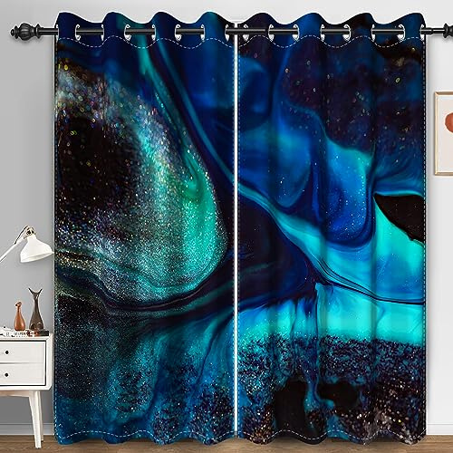 Bovlleetd Rideaux occultants en marbre Bleu Abstrait Rideau isolés thermiquement Rideaux imprimés à Paillettes d'encre Chic pour Chambre 140Lx225Hcm 2 Panneaux