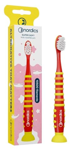 Öko Zahnbürste Kids 4+ | 10.500 Borsten | Super Soft | mit Saugnapf | Vegan | Nordics (Rot, 1er (1 Stück))