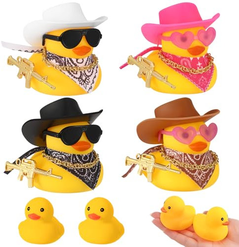 GSrenyu 4 Pcs Rubber Ducks Mini Ducks with Cowboy Hat Mini Scarf Necklace and Sunglasses, Small Rubber Duck Car Accessories for Beach Swimming Pool Party Car Decor
