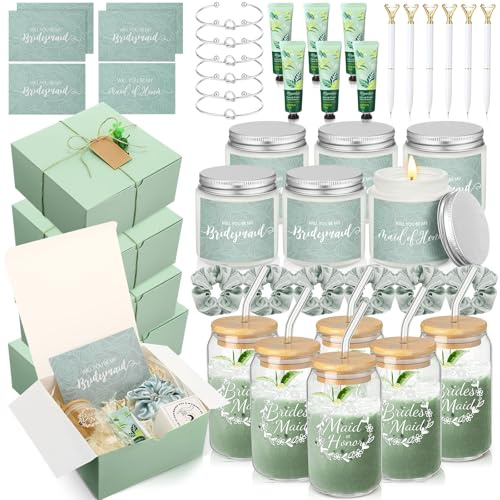 Teenyyou 60-teiliges Brautjungfern-Geschenkbox-Set, Trauzeugin, Geschenkbox, Glasbecher, Kerzen, Karten, Haargummis, Haarbänder, Handcreme, Diamantstifte (grün)