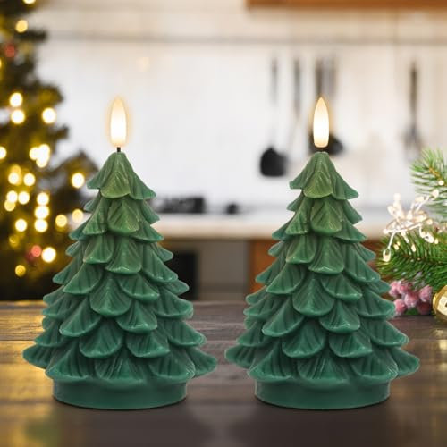 Lasumora Christmas Tree Shaped LED Candles with 6H Timer, 2 Pcs Flameless Pillar Candles Flickering, Battery Operated LED Candle with 3D Flame Wick, Green Candles for Home Décor Christmas Gifts