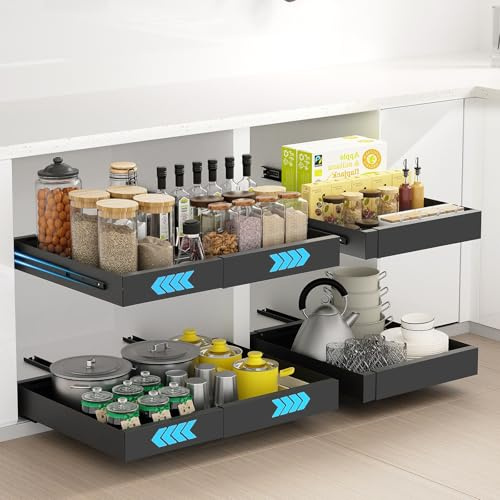 Ihomife 2 Pack Extendable Pull Out Kitchen Drawer - Upgraded Dual Mounting (Screws for Shelfless Cabinets/Nano Tape for Shelved) | Upgraded Heavy-Duty Rails, Space Saving Cabinet Organiser (Black)