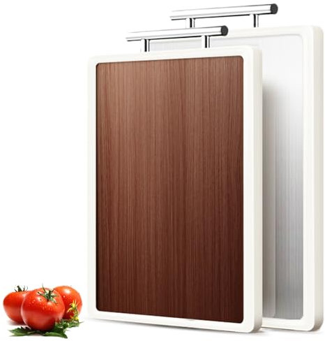 Planche à Découper 2 en 1 - Tranchoir Planchette Ustensile Planche à Découper en Bois/Acier Inoxydable des Deux Côtés de Cuisine pour Couper et Servir des Apéritifs, Pain, Fromages, Légumes, Fruits