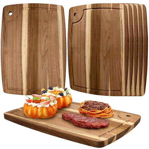 6 Pcs Acacia Wood Cutting Board Bulk, 35 × 25 cm Square Wooden Chopping Boards for Kitchen, Reversible Charcuterie Serving Board with Deep Juice Groove for Meat, Cheese, Vegetables, Fruits, Bread