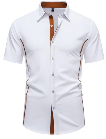 MakingDa Short Sleeve Shirts Men Slim Fit Stretchy Summer Smart Casual Fitted Button Down Shirt for Wedding Party Holiday Beach Business Office-White-S