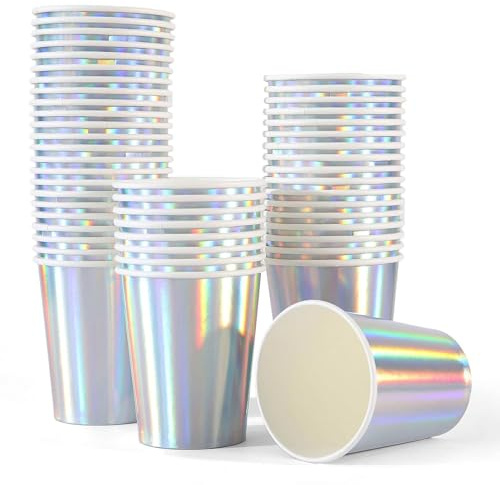 Chingcoo pappersmuggar, färgglada 50 stycken festmuggar 250 ml/9 oz, glittermuggar barn, bröllop, färgglada festmuggar, holografisk silvermugg för födelsedag