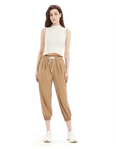 GLOWELFA Pantacourt Femme Été Taille Élastique avec Cordon | Pantalon Femme Fluide à Jambes Resserrées 7/8 | Tissu Doux Confortable pour Travail, Sport, Détente, Vacances