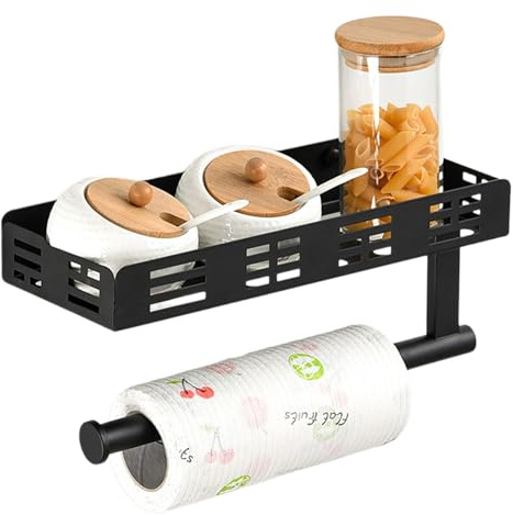 Porta Rollos de Papel higienico, Acero al Carbono especieros para Cocina Pared con 4 Ganchos, Se Puede Pegar o perforar portarollos Papel higienico para Cocina y baño, Negro