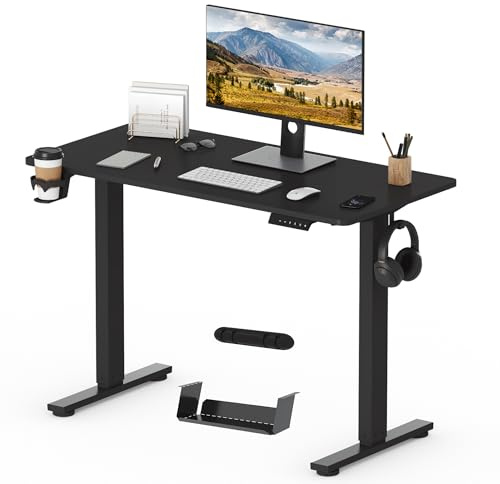 SANODESK Scrivania Regolabile in Altezza con Piano Completo – Inclusi 4 Accessori: Portabicchieri, Gancio, Contenitore e Gestione Cavi, con Funzione di Memoria, per Ufficio e Tempo Libero