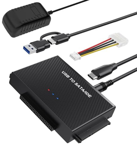 Adaptateur USB 3.2 vers SATA/IDE, disque dur, adapté pour disque dur SATA HDD et IDE 2,5 et 3,5, prend en charge une capacité de 6 To, avec alimentation 12 V 2 A, compatible avec Windows/Mac OS