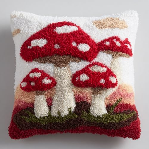 Henypt Kit gancio di chiusura fai-da-te, funghi dei cartoni animati Kits per realizzare cuscini all'uncinetto, Kit di cuscini ad ago 43x43cm
