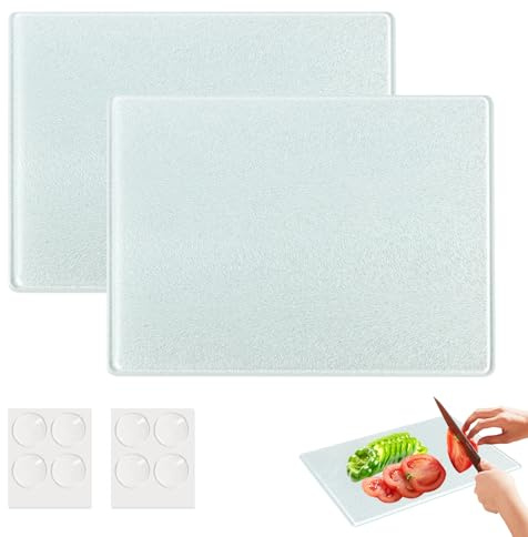 Thalire 2 Tablas de Cortar de Vidrio 28x20 cm, Tabla de Cocina Resistente a Arañazos de Vidrio Templado con Patas de Silicona Antideslizantes, Tabla de Cortar de Vidrio Segura