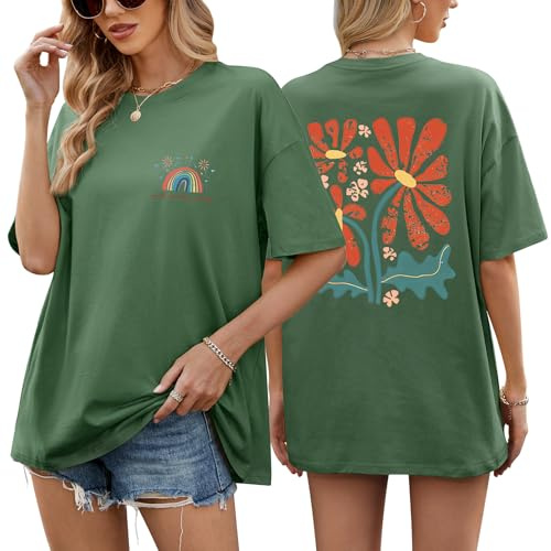 heekpek T Shirt Femme Oversize Très Large Teeshirt Coton Col Rond T-Shirt Manches Courtes Chic Imprimé Décontracté Grande Taille Haut Femme Ete