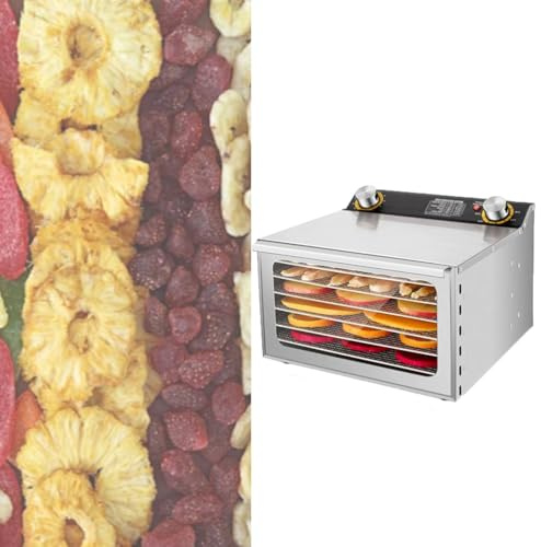 GXLBDK Livsmedelsfuktare i rostfritt stål, brickor, 35–90 °C temperaturregulator, 24 timmars timerfunktion, frukttorkare, kött, 6lager