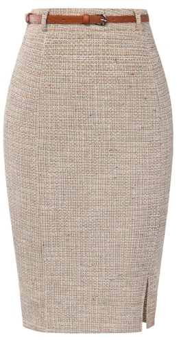 Kate Kasin Spring Khaki Skirts for Women, High Waisted Tweed Pencil Skirt, Plaid Business Work Office Skirts 2XL