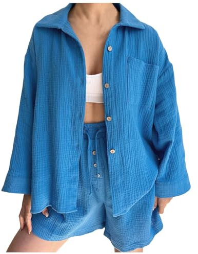 Conjunto de Pantalones Cortos y Camisa de Manga Larga para Mujer Traje Elegante de Dos Piezas con Diseño Moderno y Versátil (Blue, M)