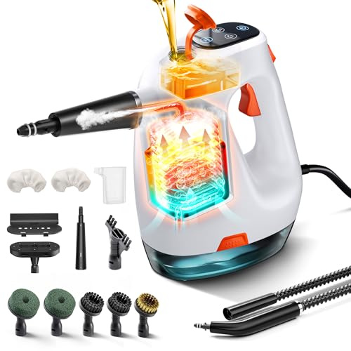 Handdampfreiniger 1200W, 500ml abnehmbarer Wassertank mit Reinigungsmittelspender, entfernt Fett und Schmutz, Dampfreiniger Handgerät für Küche, Bad, Fugen, Fenster & Haushalt