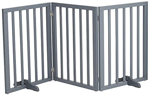 The Fellie Wooden Dog Gate Indoor Barrier with 2 Support Feet, Foldable Freestanding Safety Pet Gate, Retractable 3 Panels Doorway(139 W x 60.5 H, Grey)