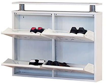 Zapatero Slim 2+2 de 4 puertas horizontal, de metal, blanco, con útil estante de apoyo. Capacidad para hasta 12 pares de zapatos y botas en solo 15 cm. Garantía de 15 años. Interiores y exteriores