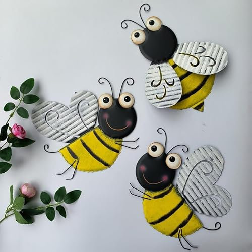 Metal Bee Wall Decoration, 3 Pack Honey Bee Ornaments for Fence, Outdoor Wall Art Sculptures, Hanging Indoor Garden Yard Decor