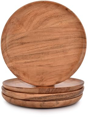NIRMAN Acacia Wood Dinner Plates Set of 4 for Dishes Snack, Dessert Natural Wood Plates Serving Dinnerware Plate for Dinner (8 x 8 x 0.75)