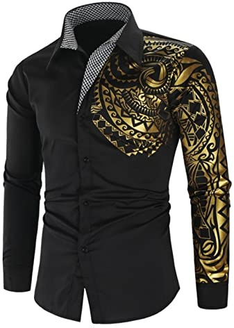 QIUNI Chemise Or Noir Luxe Hommes Nouvelle Slim Fit Manches Longues Or Noir Chemise Social Men Club Prom Shirt