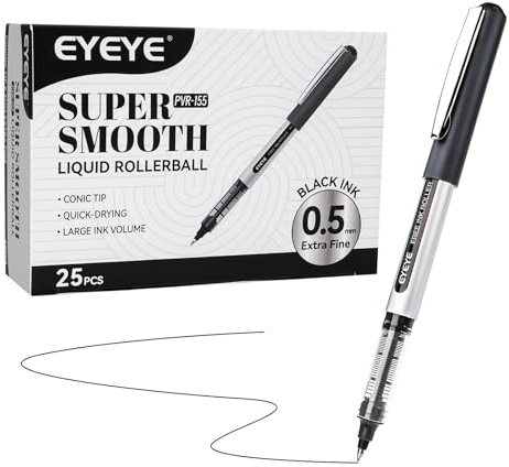 EYEYE Boligrafo Tinta Líquida Negro, 25pcs Boligrafos Roller de Tinta Líquida, Secado Rápido para Escribir, Escritura Suave para Oficina, Hogar, Empresa, Escuela Punta Fina 0.5 mm