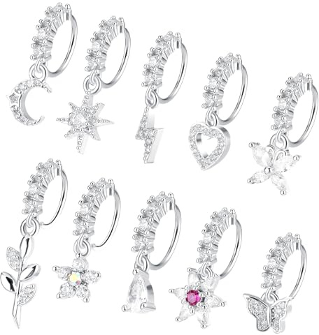 Telooco 20G Dangle Nose Rings Hoops 10Pcs Dangling Nose Piercing Jewelry Set Butterfly Heart Star Moon Cute Nose Rings for Women Girls (Silver)