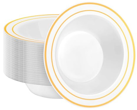 BESTSTAR 50 Pack Disposable Soup Bowls with Gold Rim, 12oz Premium Heavy Duty Plastic Dinner Bowls for Party, Wedding and Holiday