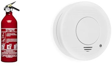 Extincteur 1kg a poudre - ext01 & Smartwares détecteur de fumée – Capteur optique – Durée de vie : 10 ans - Pile remplaçable 1 an - Bouton de Test – 85 dB - 10.044.62, Blanc