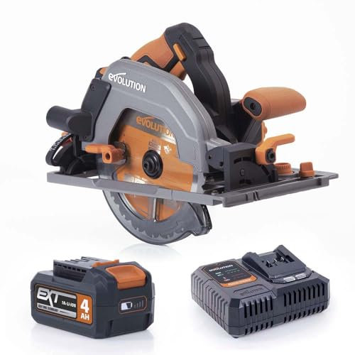Evolution Power Tools R185CCSX-Li Sierra circular sin cable compatible con carril 18v Li-Ion EXT Incluye hoja multi-material TCT, corta madera, metal, plástico, batería y cargador incluidos, 185mm