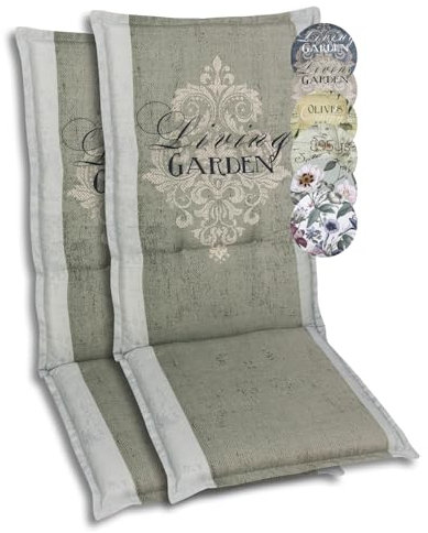 GO-DE Textil Bequeme und attraktive Polsterauflagen für Hochlehner-Gartenstühle (2er-Set, Wappen Living Garden Beige, Hochlehner)