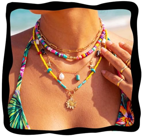 Fashband Boho Starfish Necklace Colorful Beaded Seashell Necklaces Beach Necklace Chains for Women (G)
