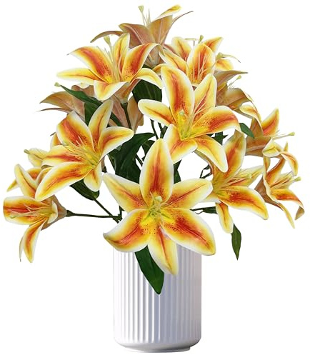 ARTIFIPLANT Fiori artificiali di giglio arancione, 6 fiori di gigli finti, ramo di giglio tigre lungo 58 cm, con 3 fiori pieni e 4 foglie, fiori di lilium in lattice realistici al tatto, per bouquet