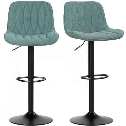HOMCOM Bar Stools Height Adjustable with Backrest Footrest Set of 2 Blue | Swivel Barstools, Modern Linen Upholstered, Armless Bar Chairs, for Kitchen, Breakfast Counter