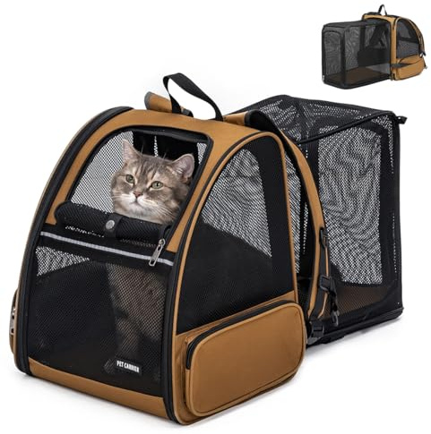 Cat Backpackļ¼Expandable Cat Carrier Backpack, Dog Backpack Carrier and Pet Carrier Backpack, Suitable for Cats, Dogs Kitten or Small Dogs, Travel Friendly Puppy Cats Bag (Brown)