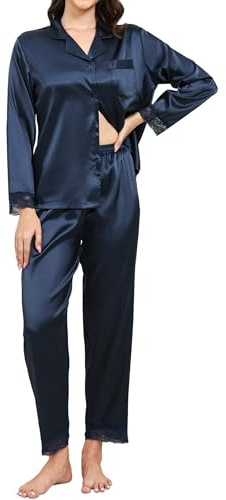 TeJoyce Pigiama Lungo in Raso di Seta per Donna, Completo Pigiami con Pizzo per Autunno e Inverno, Due Pezzi Camicia con Bottoni e Pantaloni, Loungewear in Silk Morbido ed Elegante (Blu Navy, L)