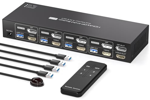 PVBCTCSID 4K60Hz KVM Switch 4 PC 2 Monitores HDMI Displayport Switch KVM 4 Puertos 4 Ordenadores USB3.0 Conmutador Para Compartir 2 Monitores Y 4 Dispositivos USB3.0
